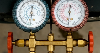 A system without an adequate freon charge will also freeze up. An HVAC manifold showing no pressure in an HVAC system.