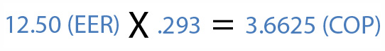 12.50 (EER) X .293 = 3.6625 (COP)