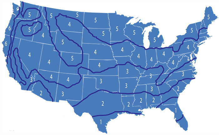 The US is split into 6 climate zones for heating calculations.
