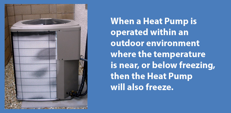 When a heat pump is operated within an outdoor environment where the temperature is near or below freezing, the heat pump will also freeze.