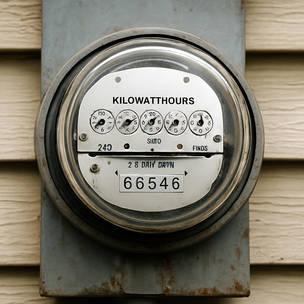 An electrical meter installed outside a home showing rising energy costs from inefficient AC system