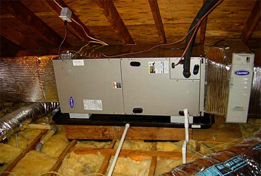 Professional AC installation Katy TX - New Carrier air handler installed in attic by Adams Air licensed HVAC technicians